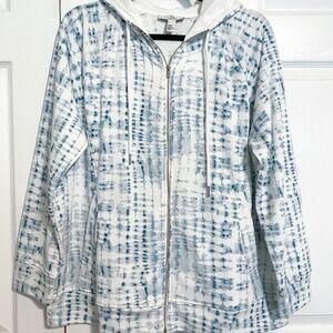 H HALSTON STUDIO White Teal Blue Tie Dye Full Zip Up Light Hooded Jacket Sz L